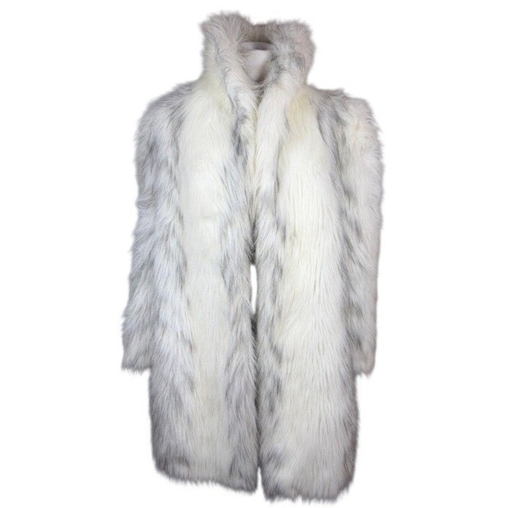 EYBL Faux Fur Coat White Grey Long Pile Modacrylic Austria USA Vintage Style 32"